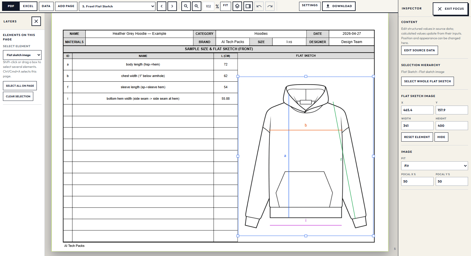 New AI Tech Packs document editor preview with a selected hoodie flat, measurement lines, a sample-size table and image layout controls