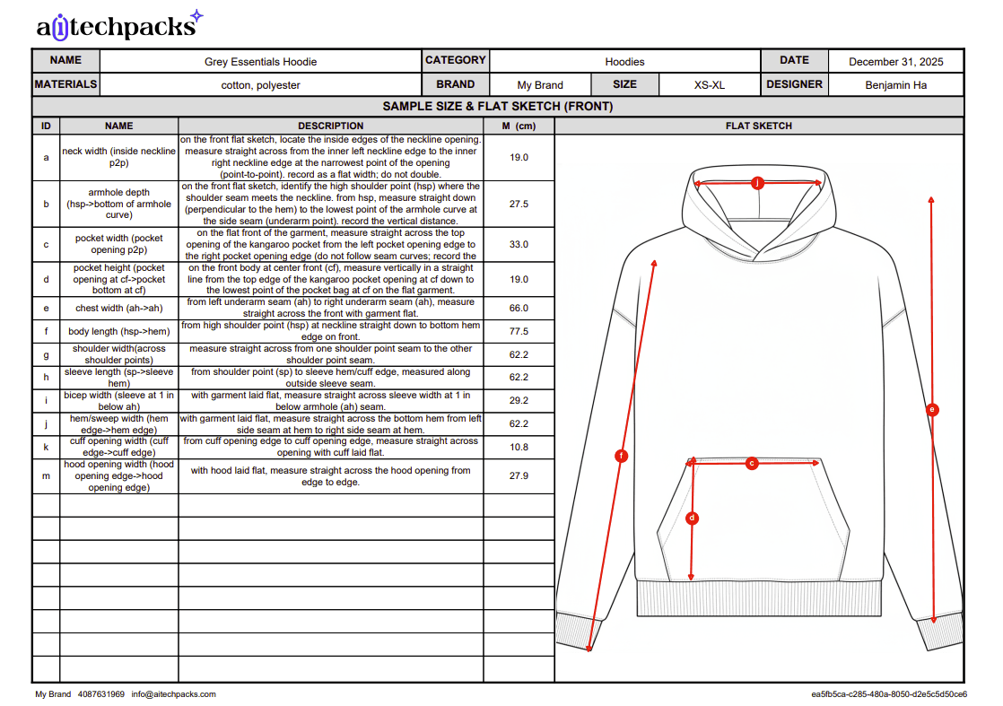 Factory-facing hoodie tech pack page with measurement table and annotated flat sketch