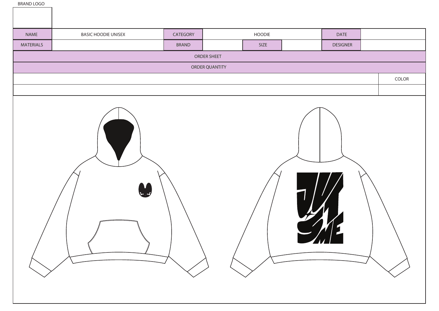 First page of the Basic Hoodie tech pack starter template showing front and back hoodie flats