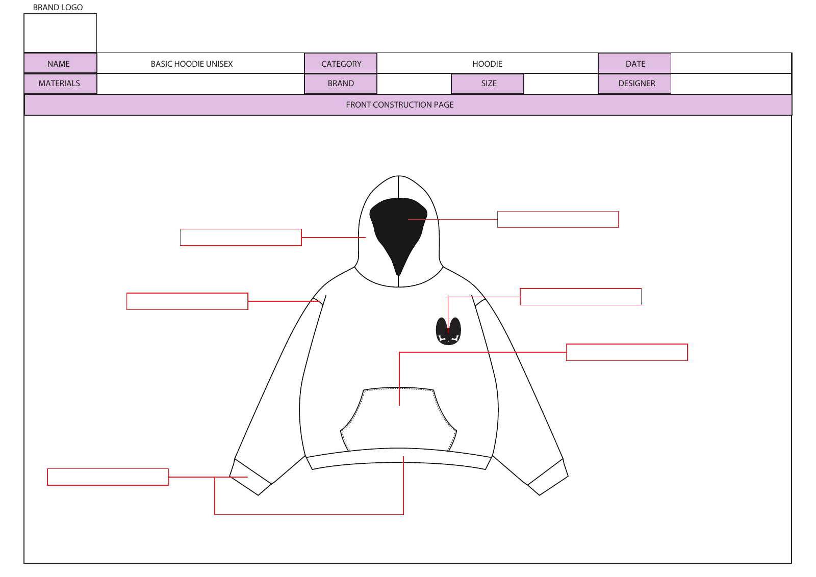 Hoodie template front construction page with a chest artwork example and blank callout boxes
