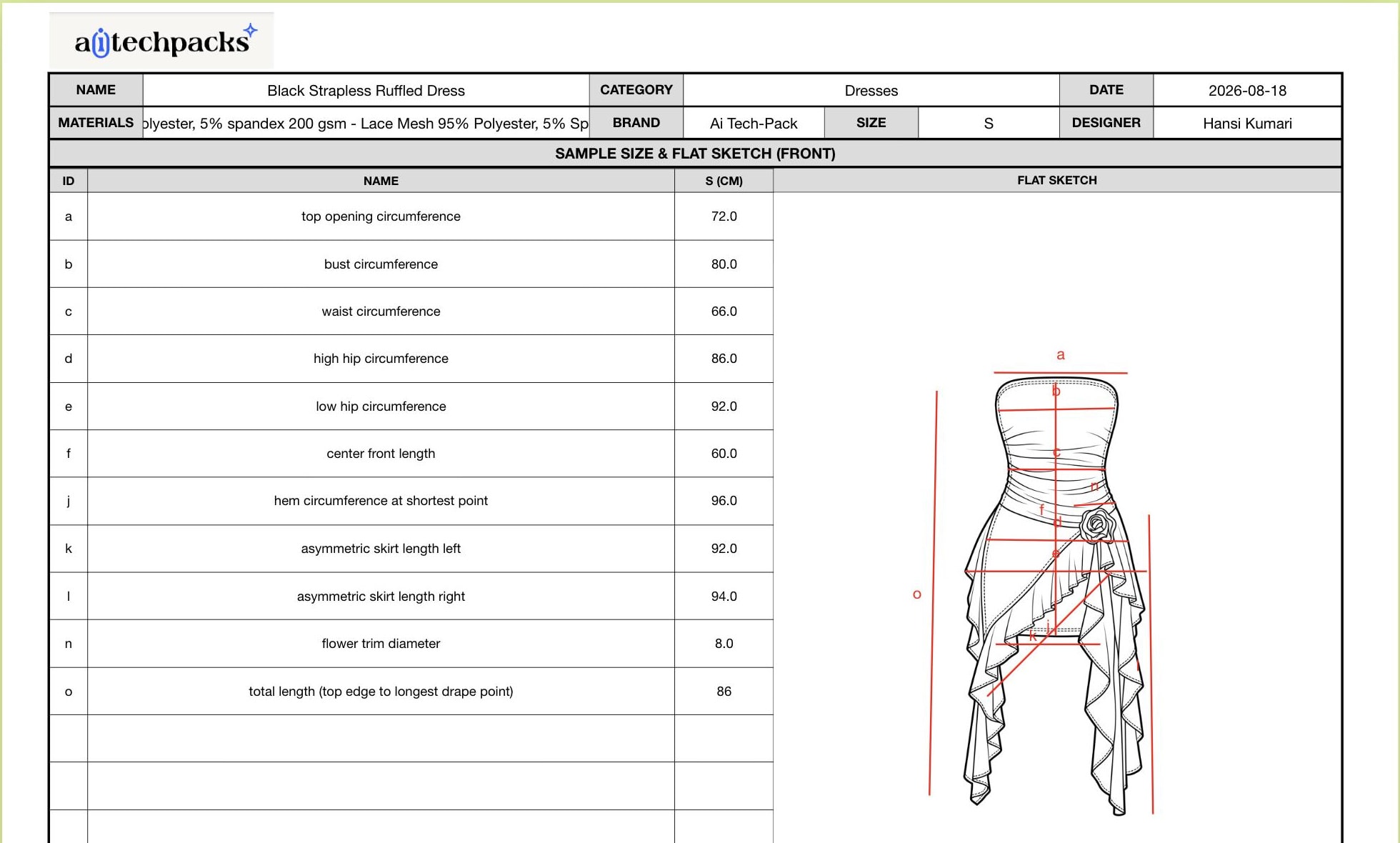 Front flat sketch of the selected black strapless ruffled dress, with its measurement table.